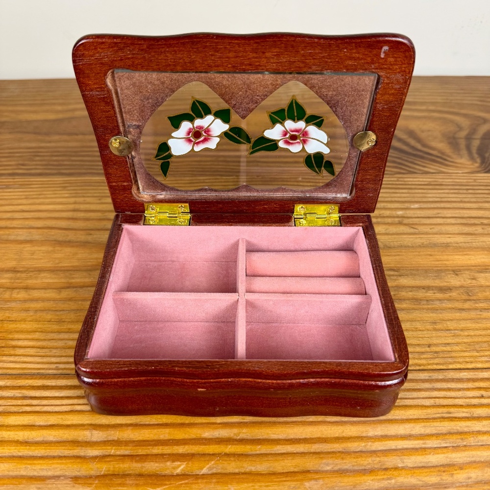 Vintage Wooden Jewelry Box | Heart Window Lid with Floral Inlay - Picture 6 of 13